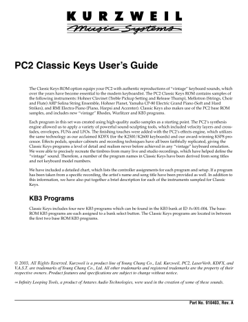 Kurzweil PC2 Classic Keys User's Guide | Manualzz