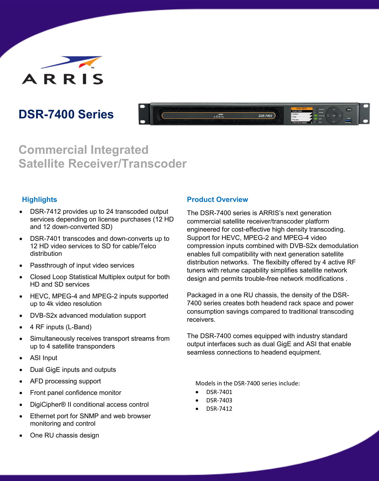 Dsr 7400 Datasheet Shaw Broadcast Services Manualzz