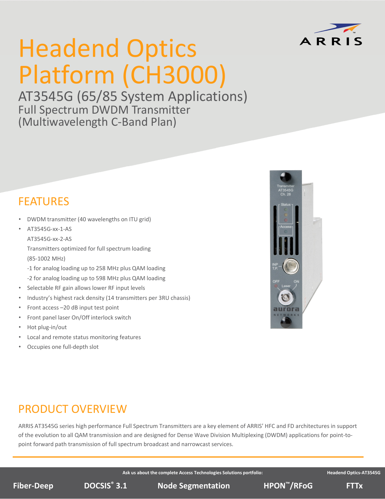 AURORA AT3545G-xx-1-AS DWDM NARROWCAST TRANSMITTER SELECTABLE RF GAIN
