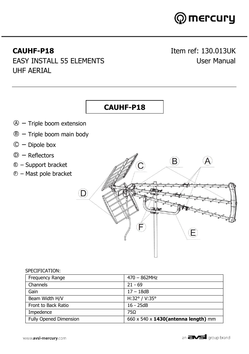 Cauhf P18 Easy Install 55 Elements Uhf Aerial Item Ref Manualzz