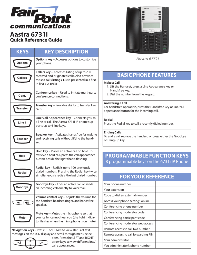 Aastra Clearspan 6731i Quick Reference manual | Manualzz