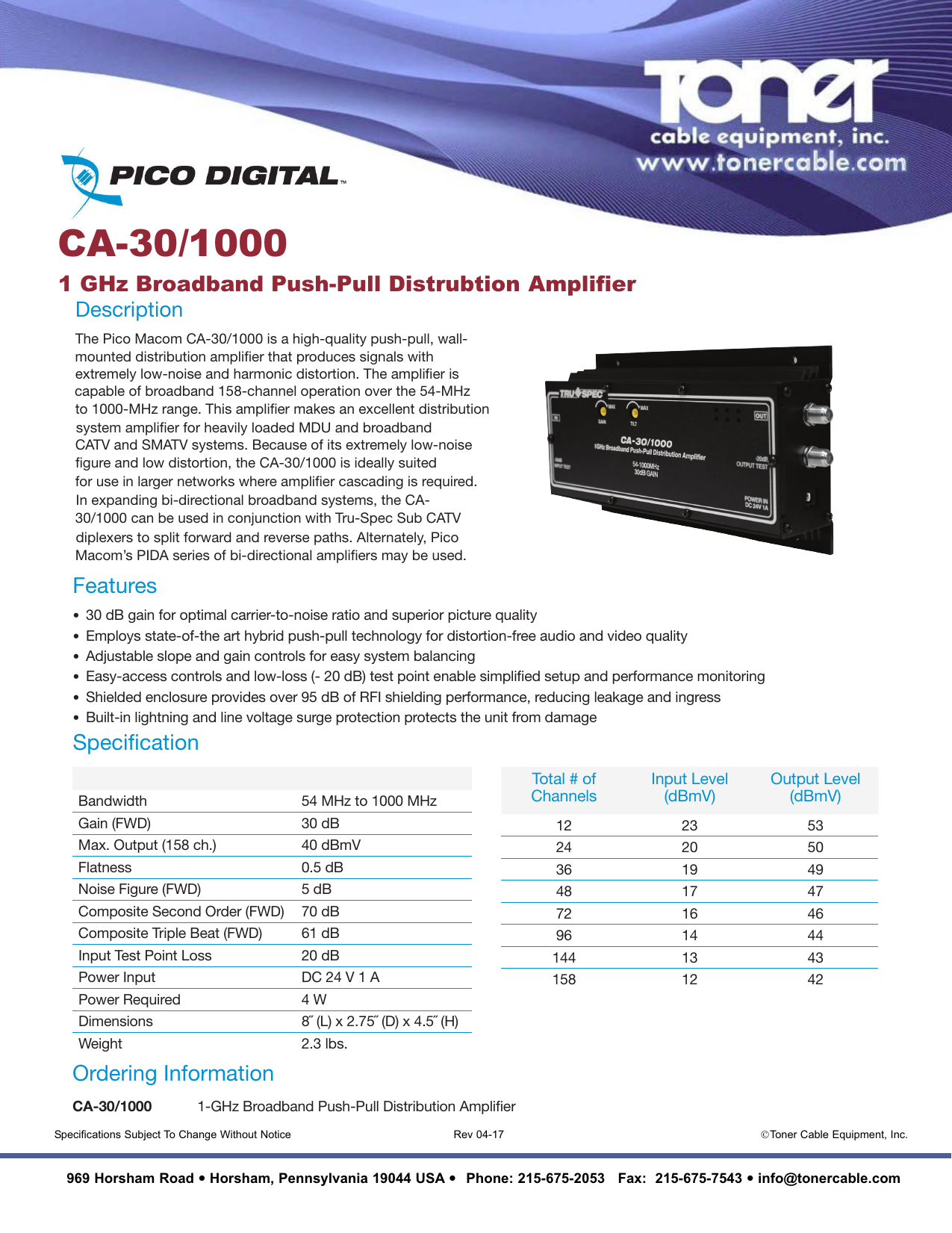 Pico Macom CA-30RK550-550MHZ Push-Pull Head End Amplifier
