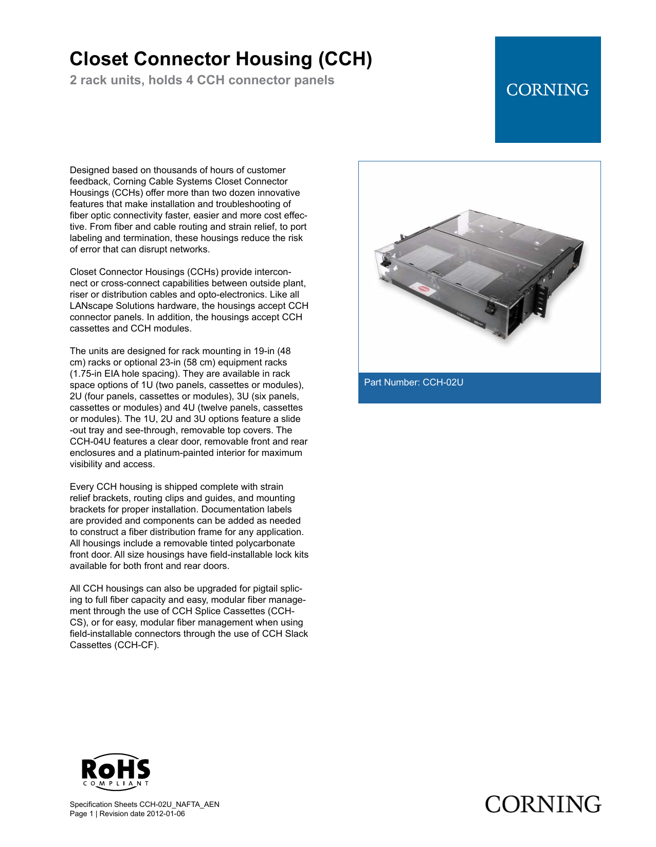 Corning Cable System CCH02U Closet Connector Housings Holds 4 CCH