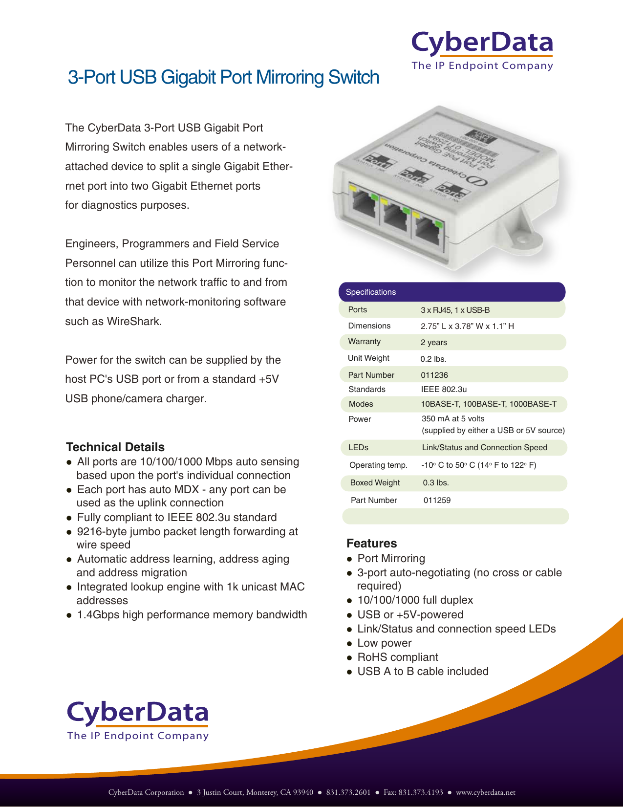Cyberdata 011236A 3 Port 10/100/1000 Ethernet Switch