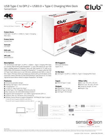 Club 3D CSV-1537 USB Type-C to DP 1.2 + USB 3.0 + Type-C Charging Mini Dock Specification | Manualzz