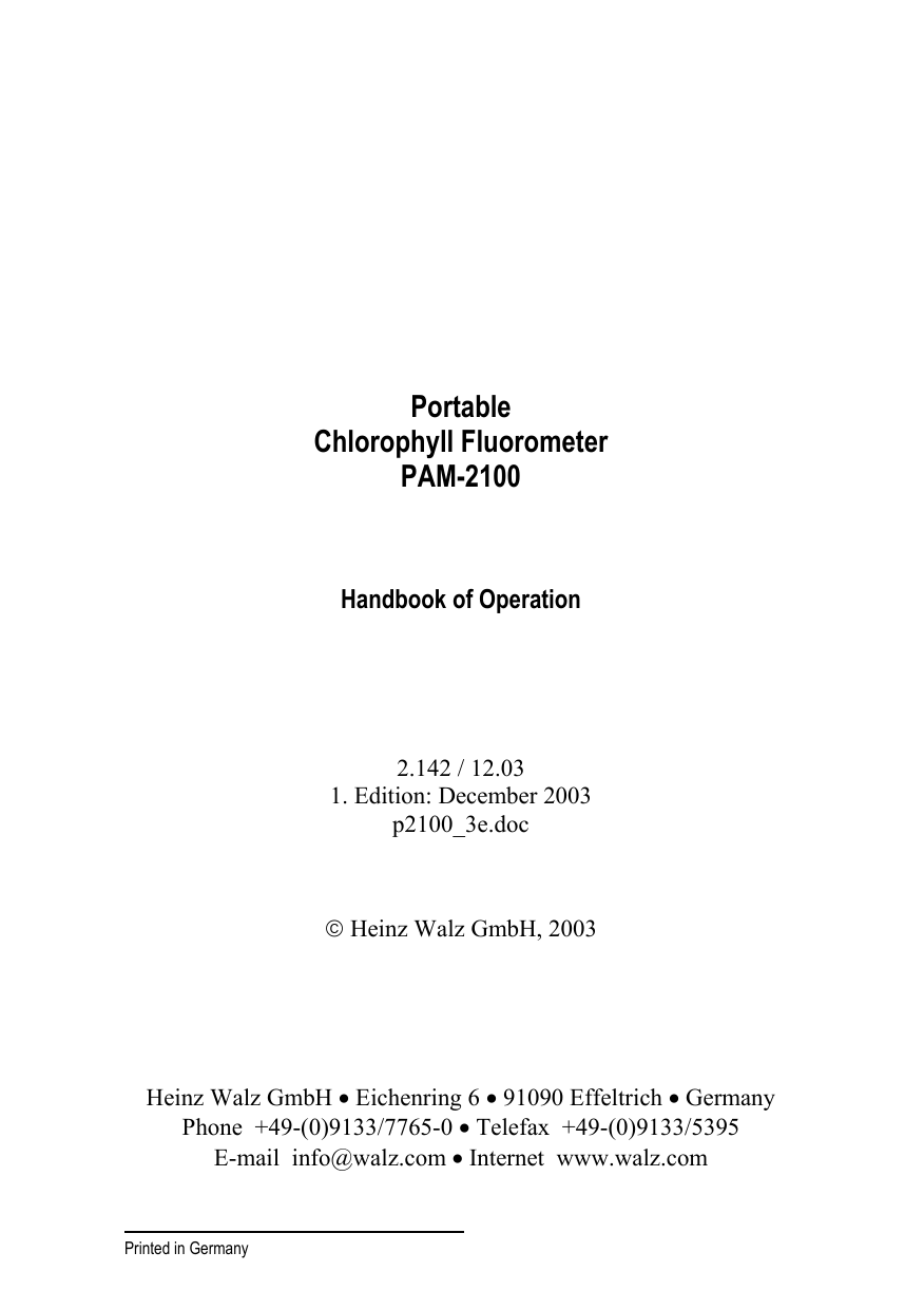 Portable Chlorophyll Fluorometer PAM2100 Manualzz