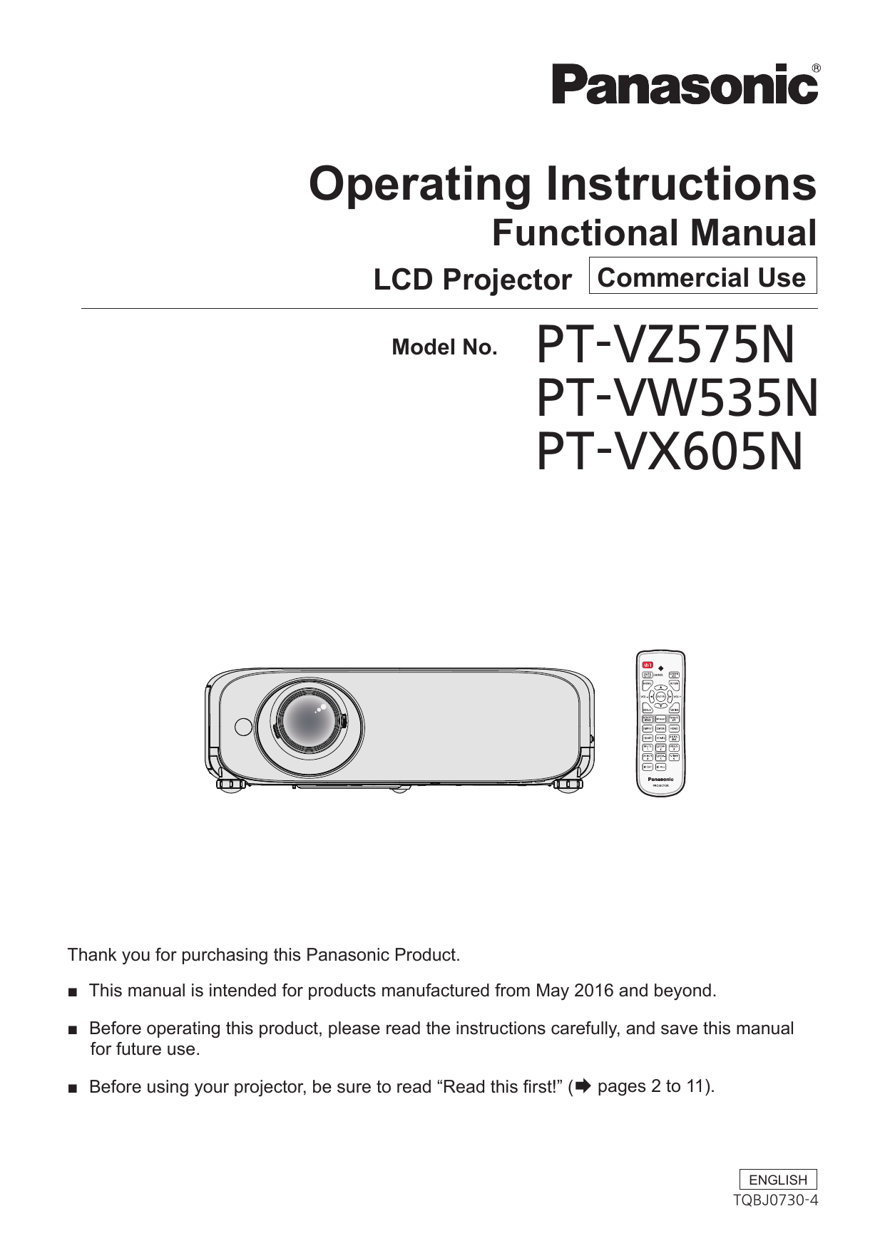 Panasonic PTVW535NU Projector User Manual Manualzz