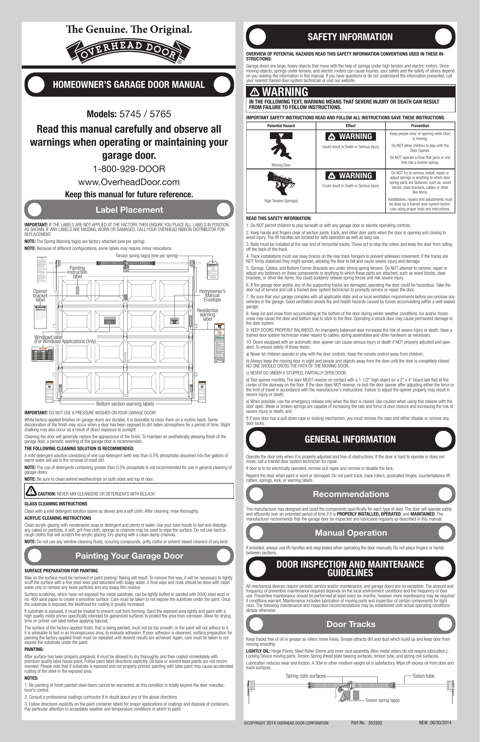 Wind Load Thermacore 5745 5765 Garage Doors Owner S Manual