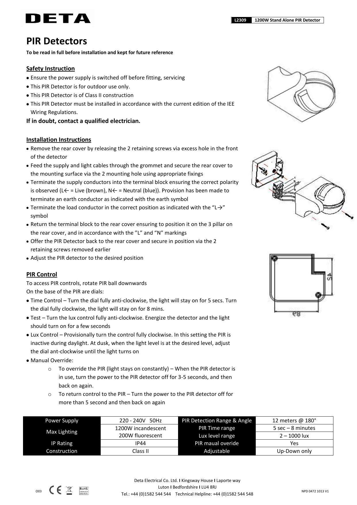 Pir Detectors Deta Electrical Manualzz