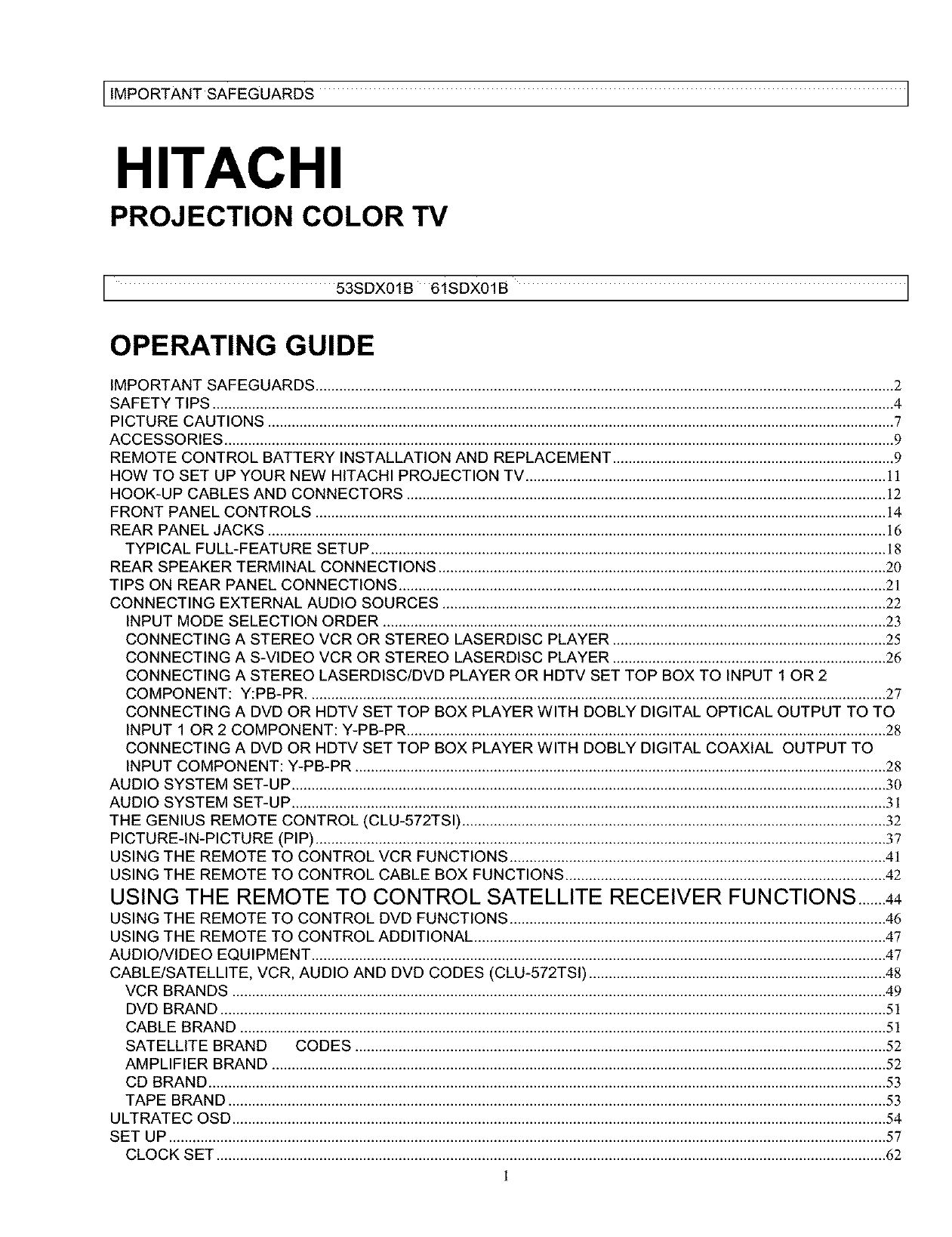Hitachi 61SDX01B Projection Television Owner's Manual Manualzz