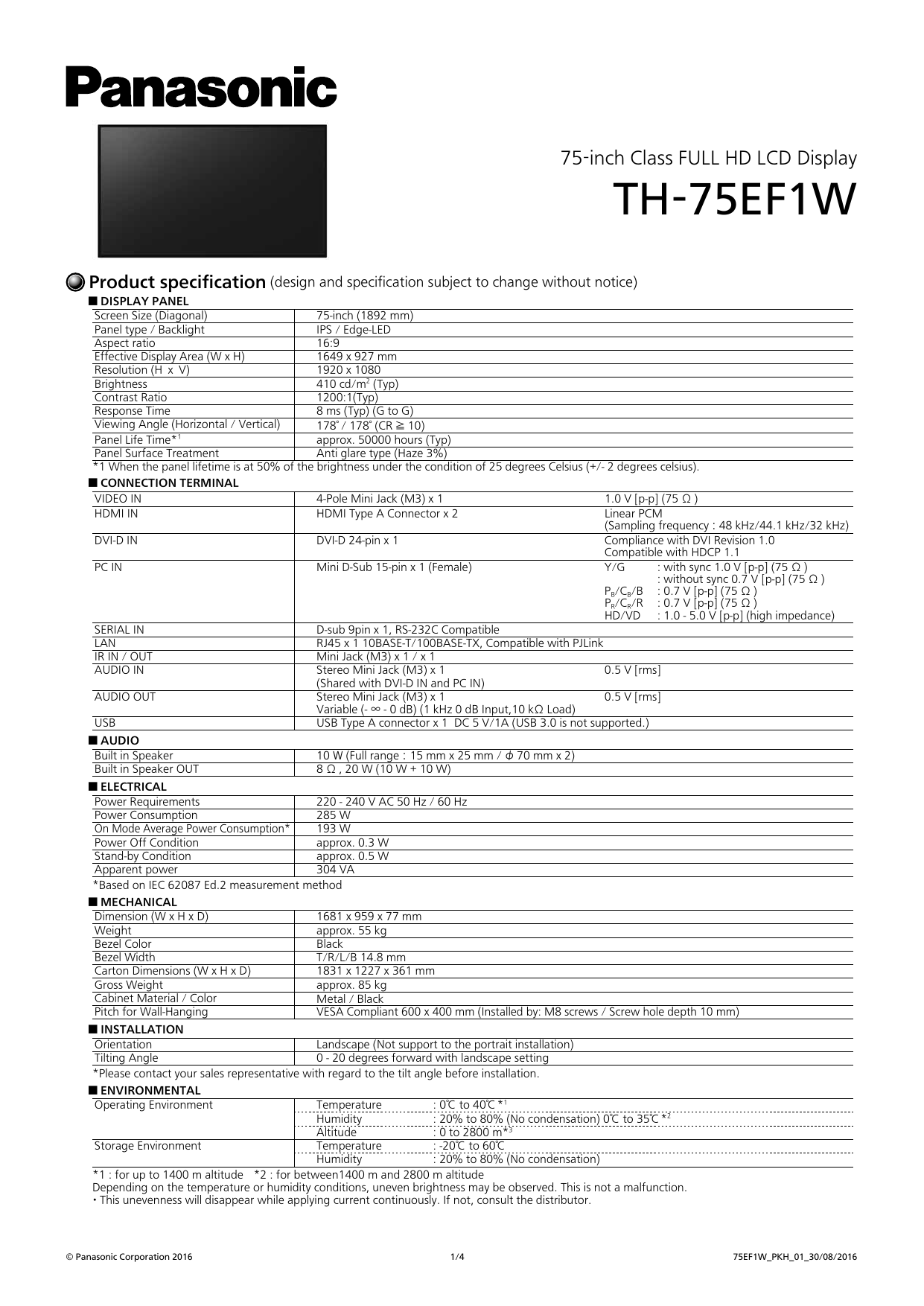 Panasonic TH-32EF1U 32 Class FULL HD LCD Display
