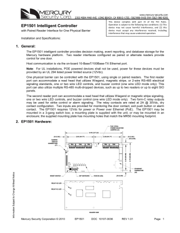 Mercury Security Corp. EP1501 Intelligent Controller Installation and ...