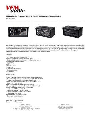 PM608 PA DJ Powered Mixer Amplifier 300 Watts 6 Channel Brick 