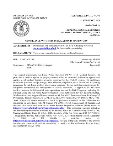 DEFENSE MEDICAL LOGISTICS STANDARD SUPPORT (DMLSS | Manualzz
