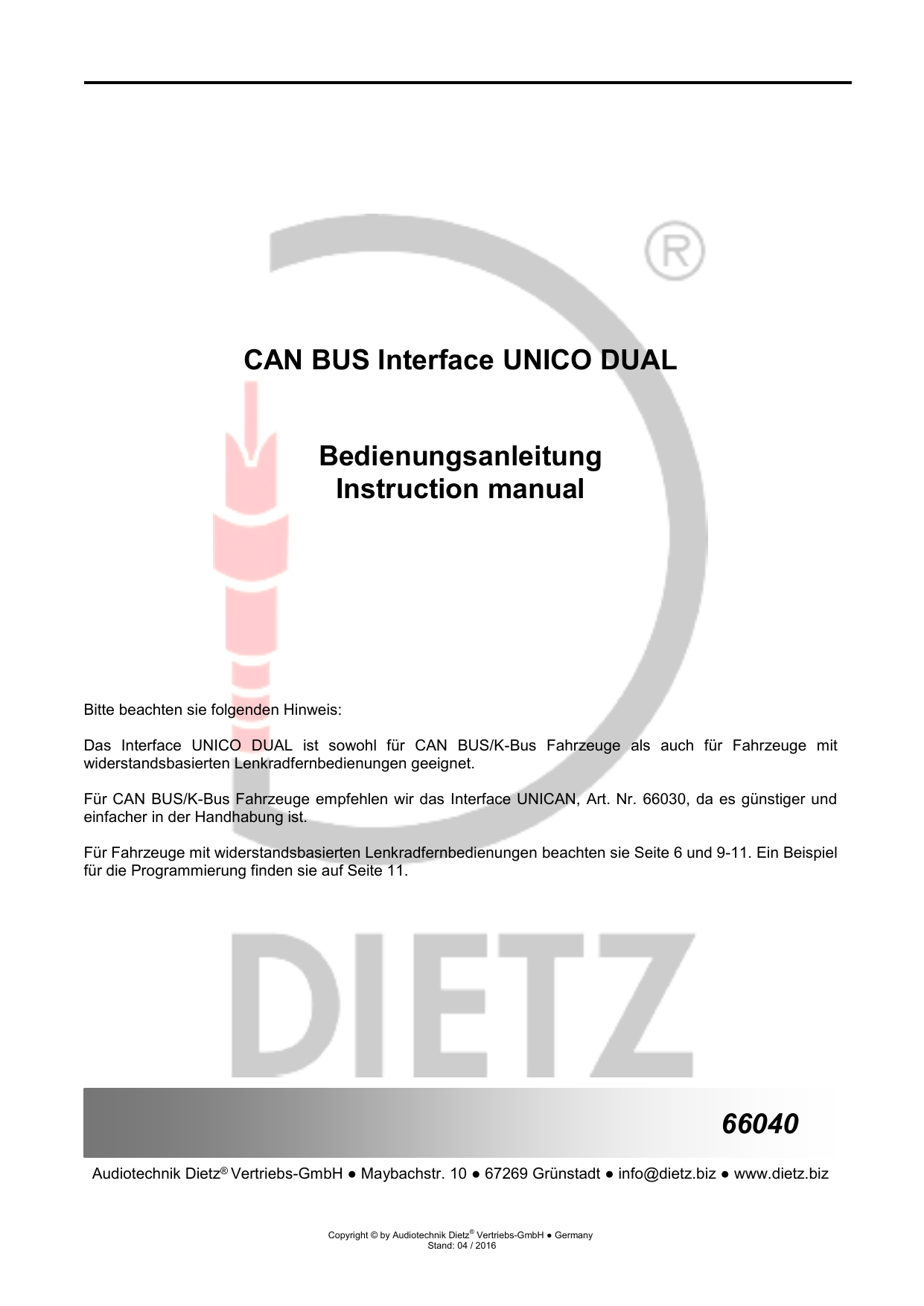 Can Bus Interface Unico Dual Bedienungsanleitung Instruction Manualzz