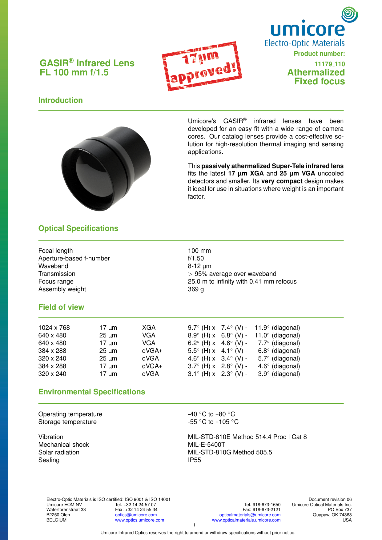 Umicore 100 Mm F 1 5 Infrared Lens With Hear Coating Datasheet Manualzz