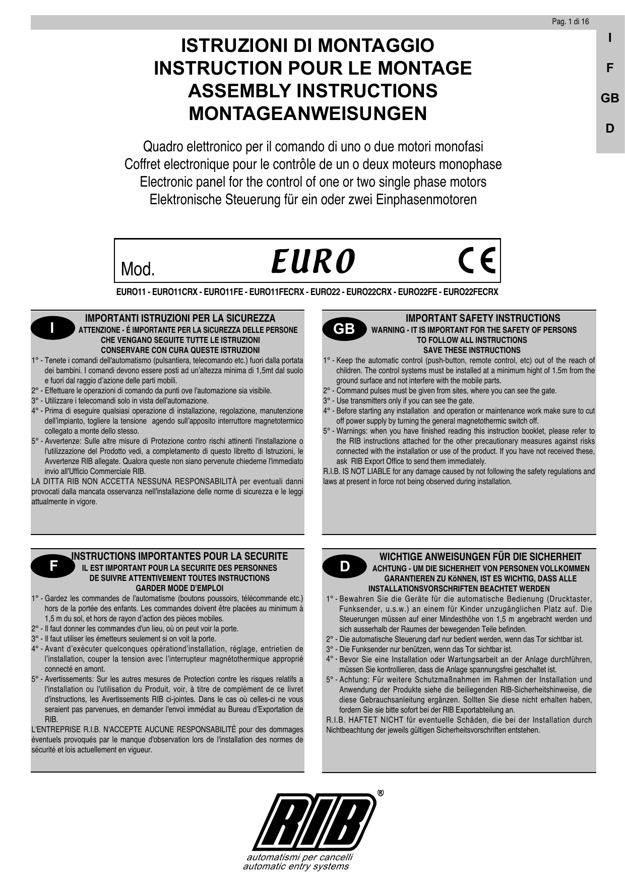 CENTRALINE ELETTRONICHE Istruzioni Di Montaggio - Italie