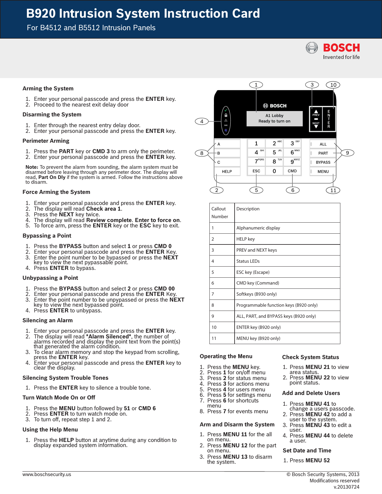 B920 Intrusion System Instruction Card Manualzz