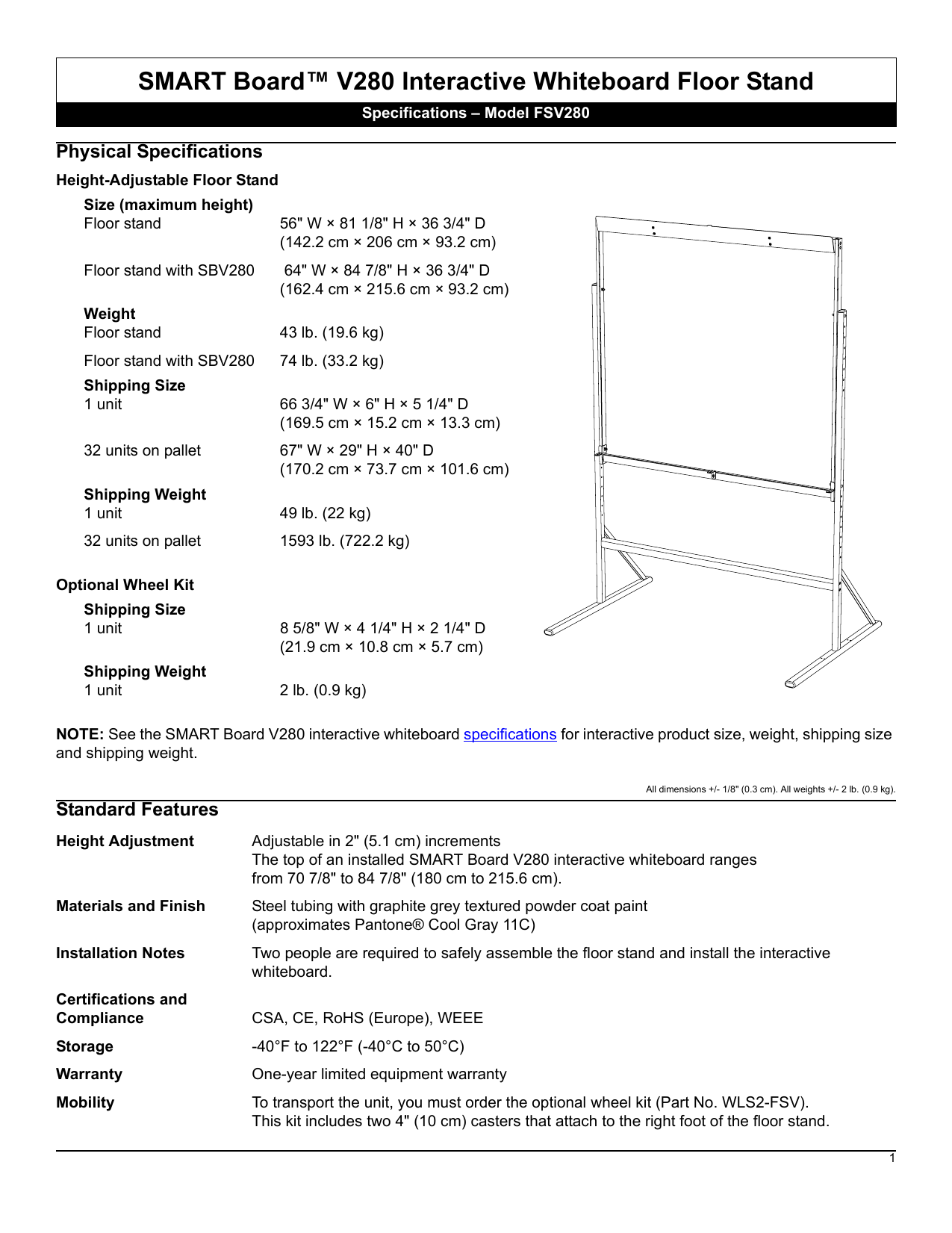 Fsv280 Floor Stand For Smart Board V280 Interactive Whiteboards