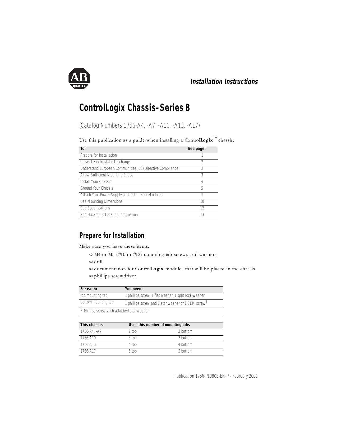 1756-IN080B-EN-P, ControlLogix Chassis–Series B Installation | Manualzz