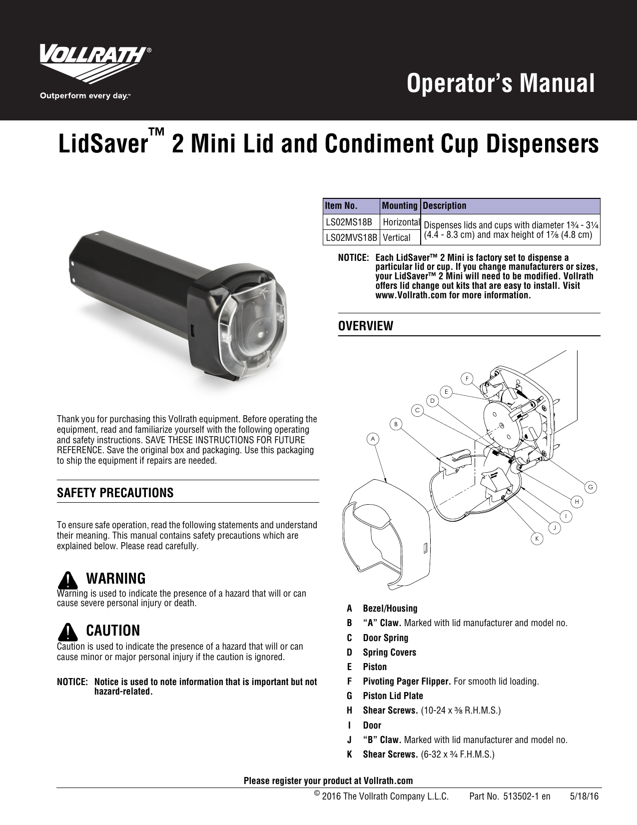 Loc 42A /LC DART16EL Vollrath LS01-AJ LidSaver In-Counter Lid Dispenser