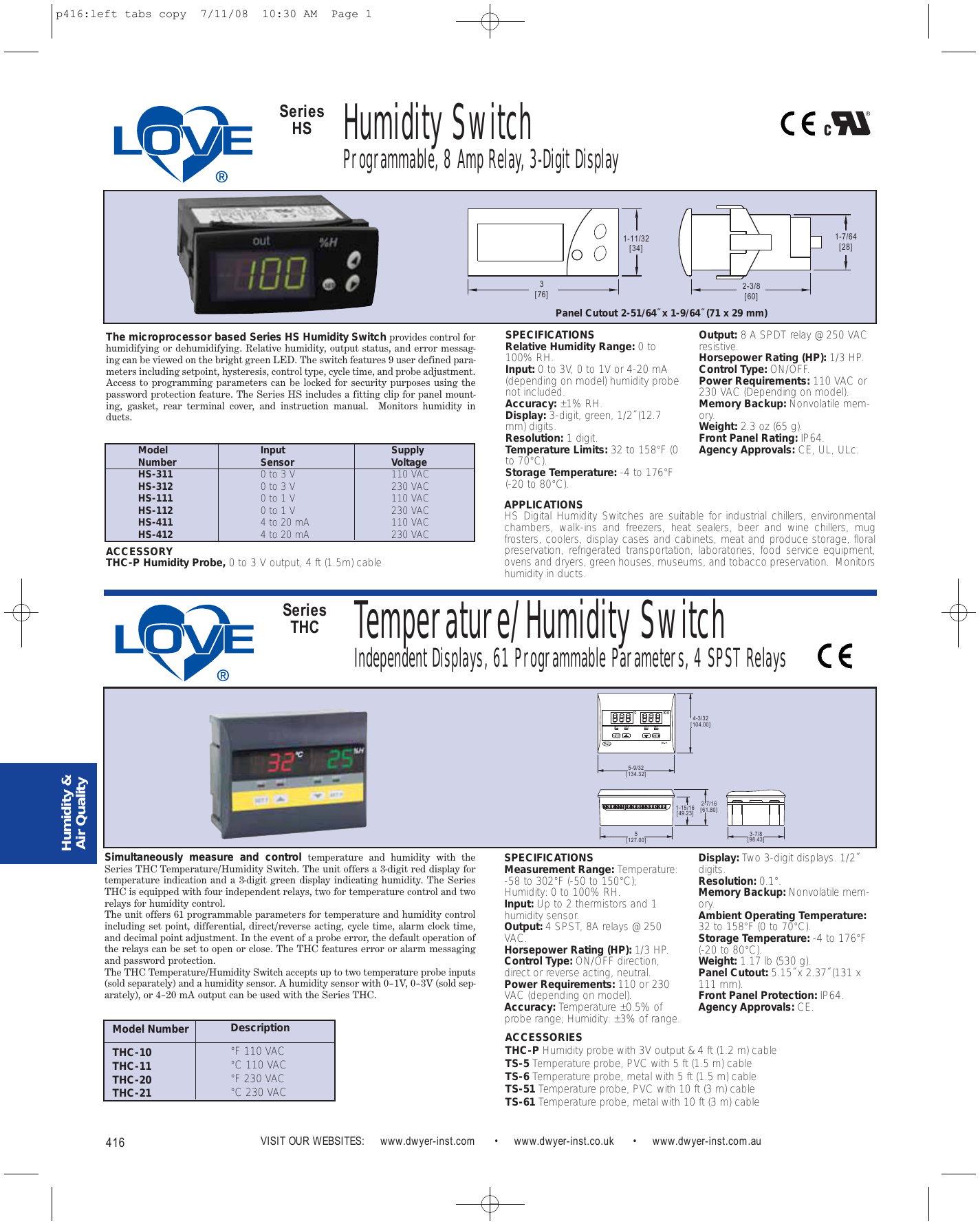 110 VAC Supply Voltage Dwyer Instruments HS-411 Dwyer Love Series HS Humidity Switch 4-20 mA Input Sensor
