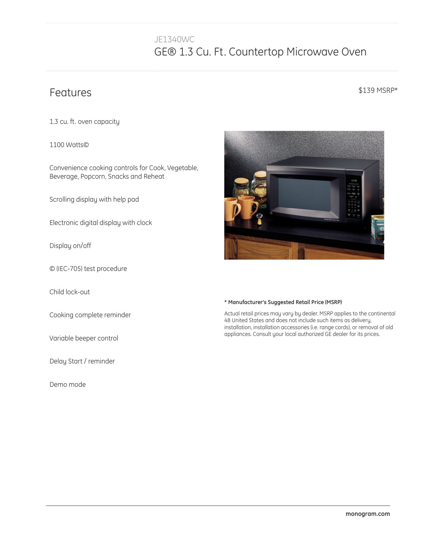 Ge 1 3 Cu Ft Countertop Microwave Oven Features Manualzz Com