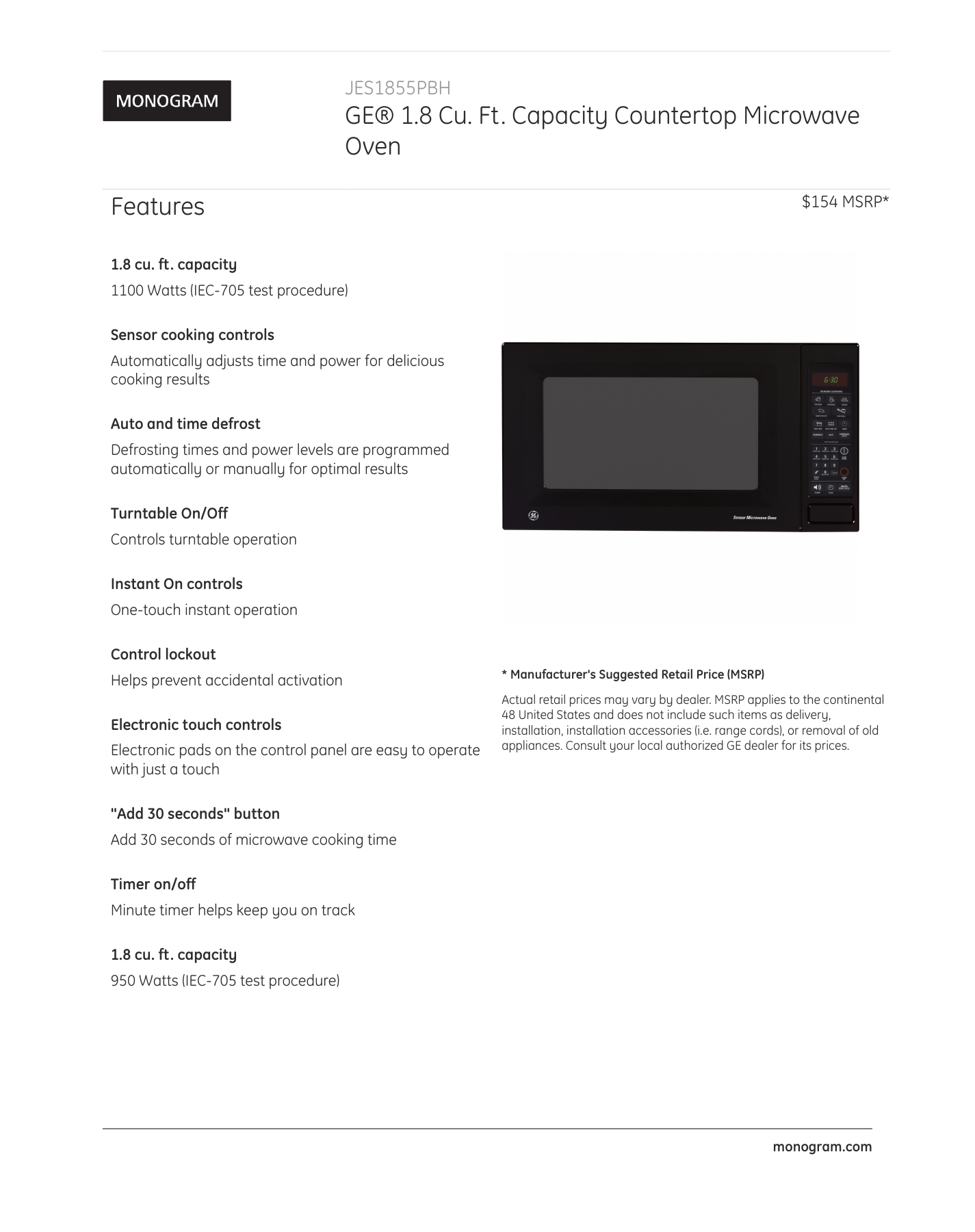 Ge 1 8 Cu Ft Capacity Countertop Microwave Oven Features