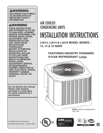 Rheem RA1360AC1NB Condensing Unit Installation Instructions | Manualzz