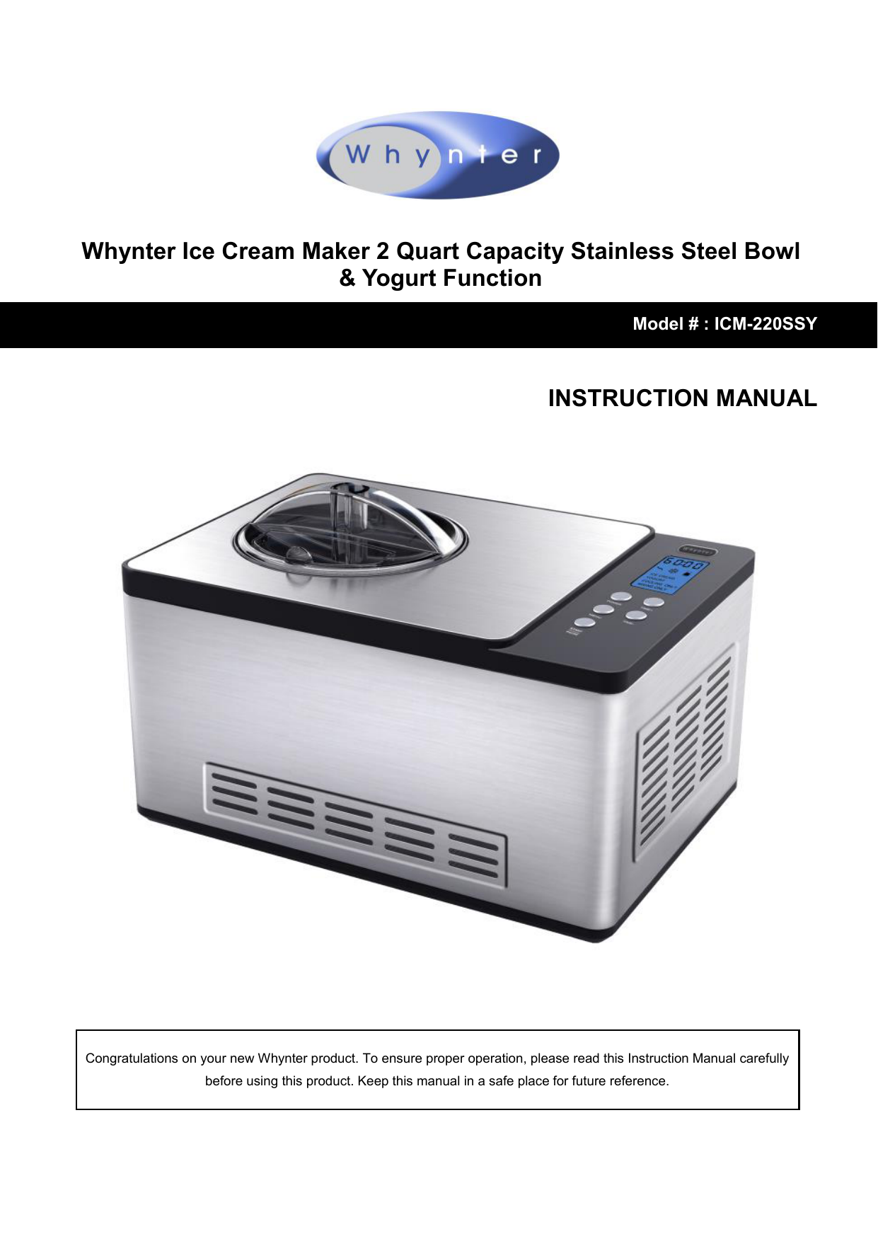 Whynter Ice Cream Maker 2 Quart Capacity Stainless Steel Bowl Manualzz