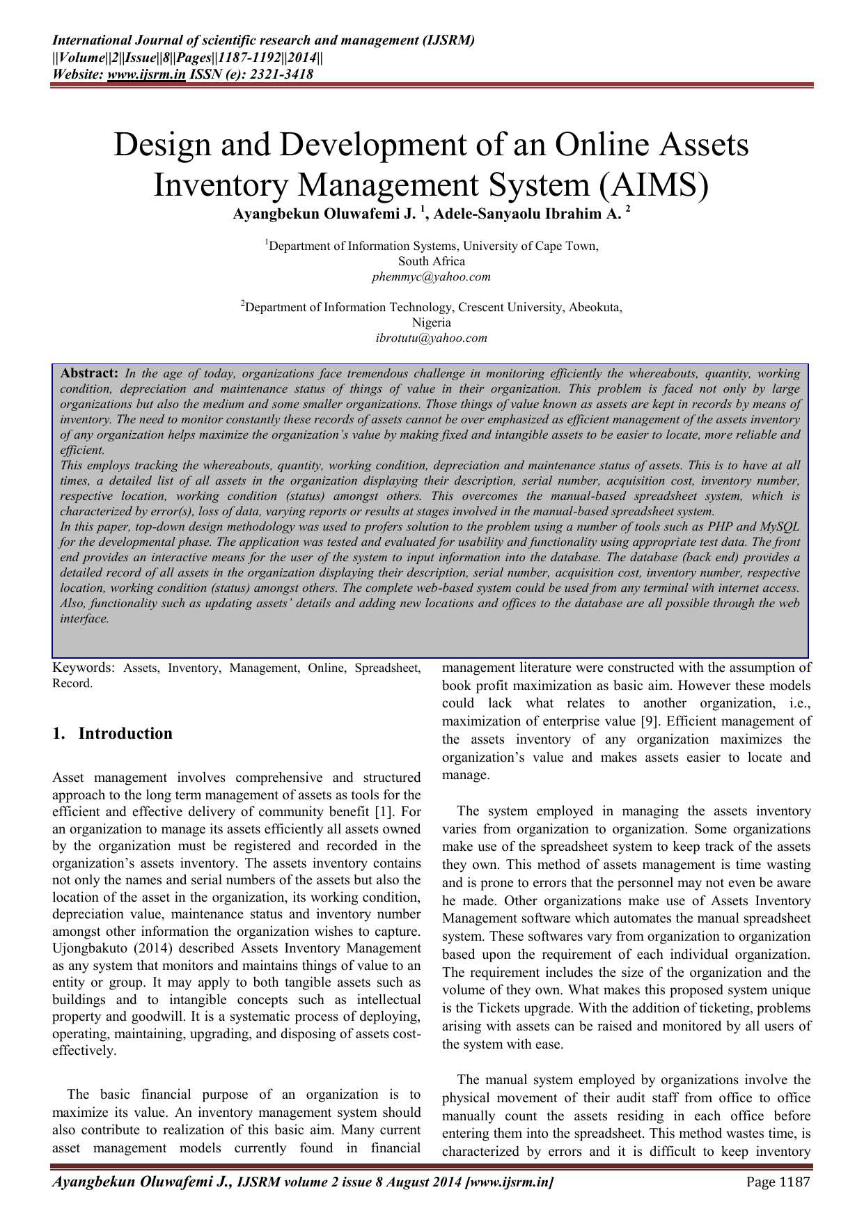 design and development of an online assets inventory asset to the organization