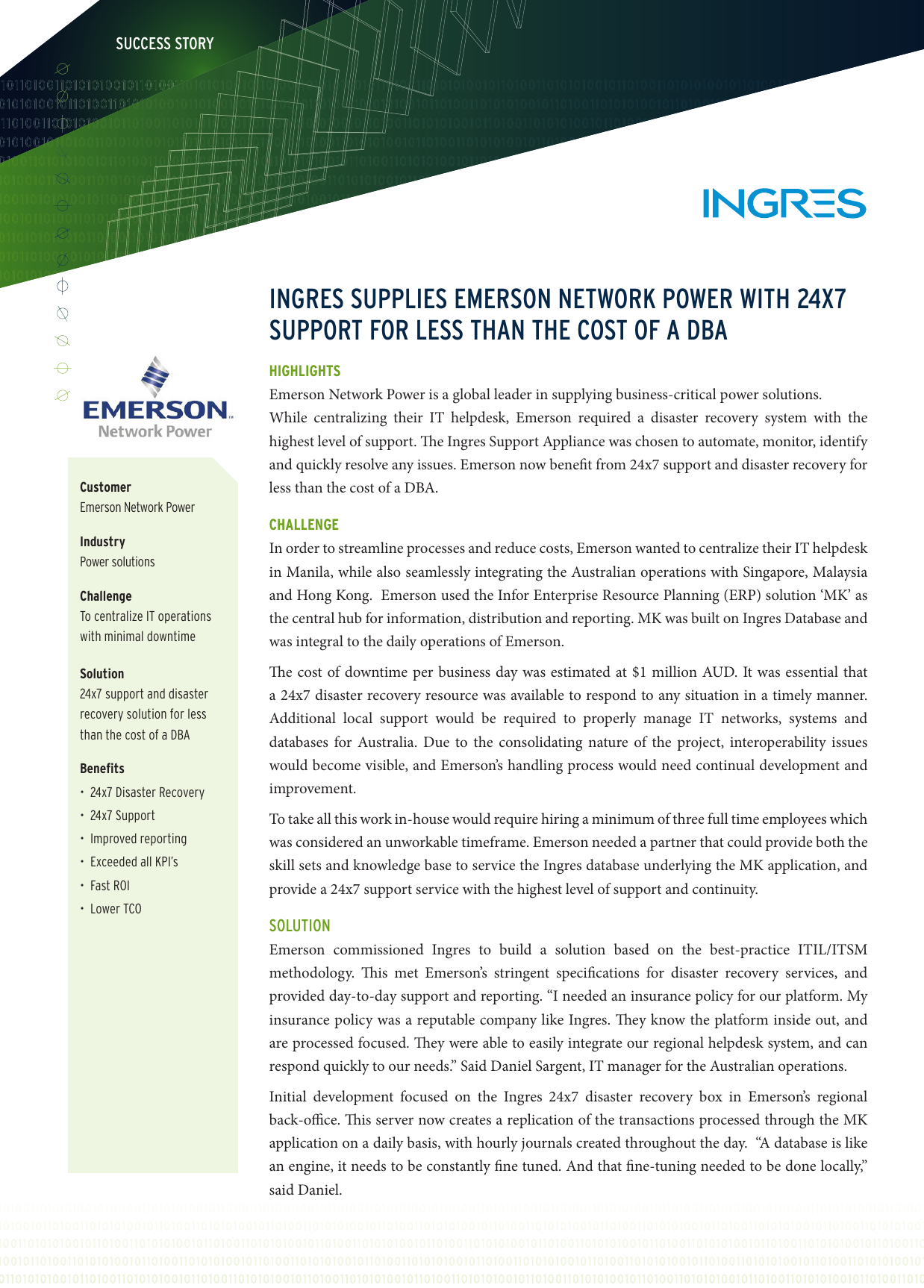 Ingres Supplies Emerson Network Power With Manualzz Com