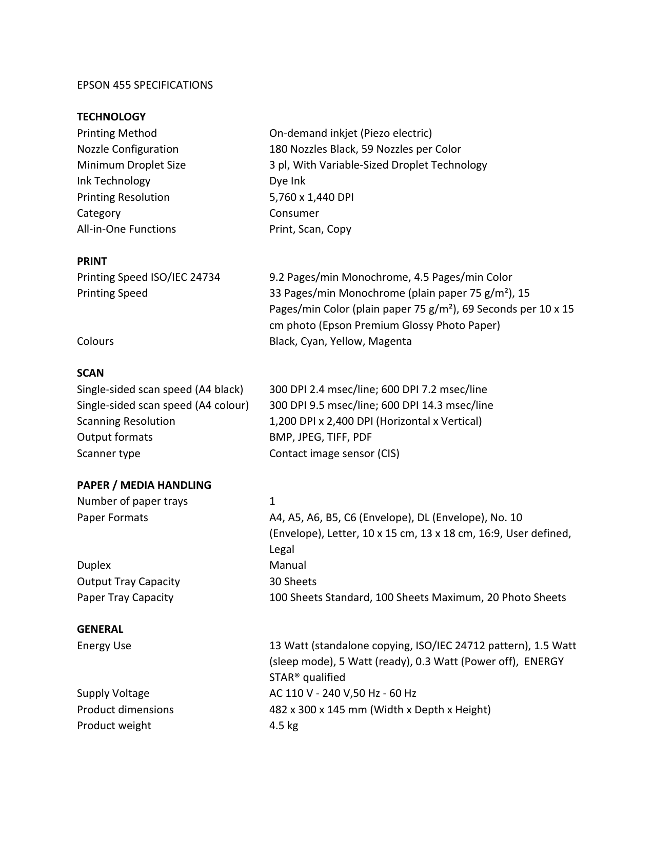 Epson 455 Specifications Technology Printing Manualzz