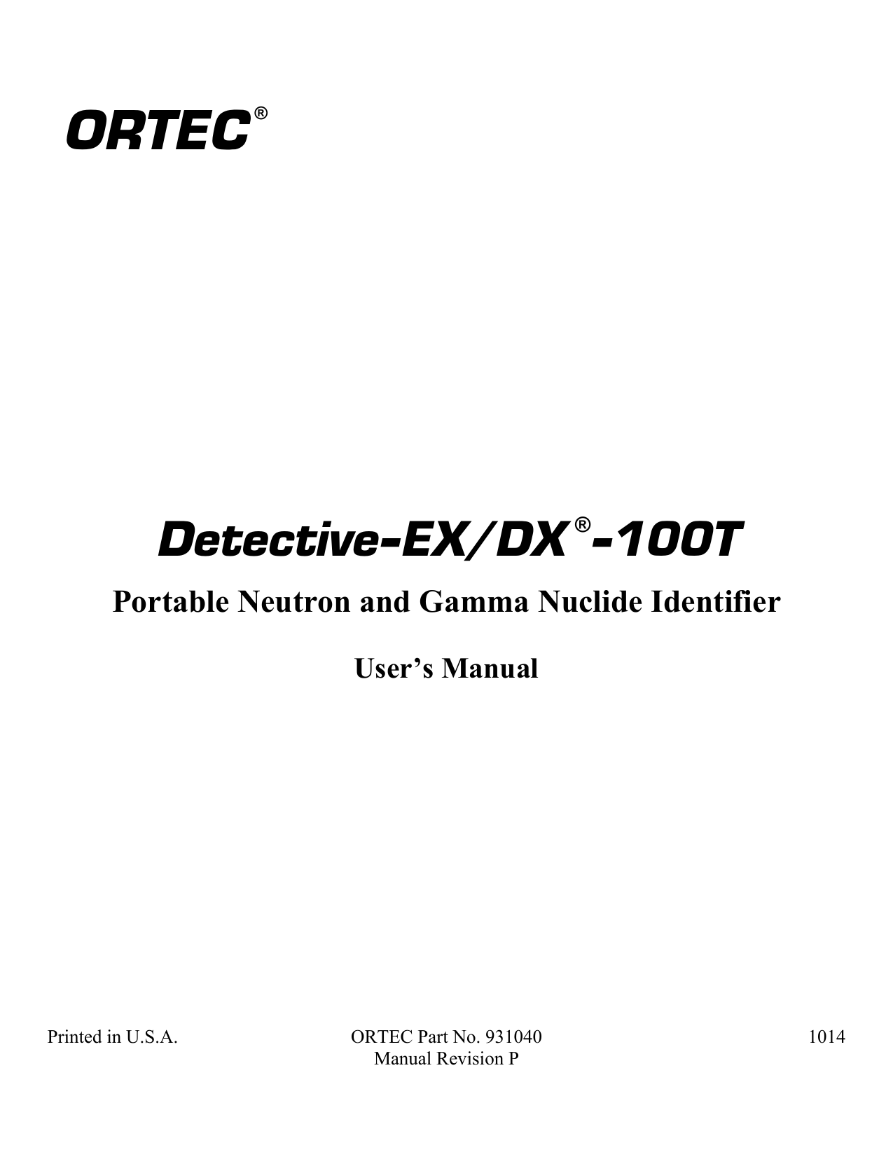 ORTEC DetectiveEX/DX100T User`s Manual 931040 Rev. P Manualzz