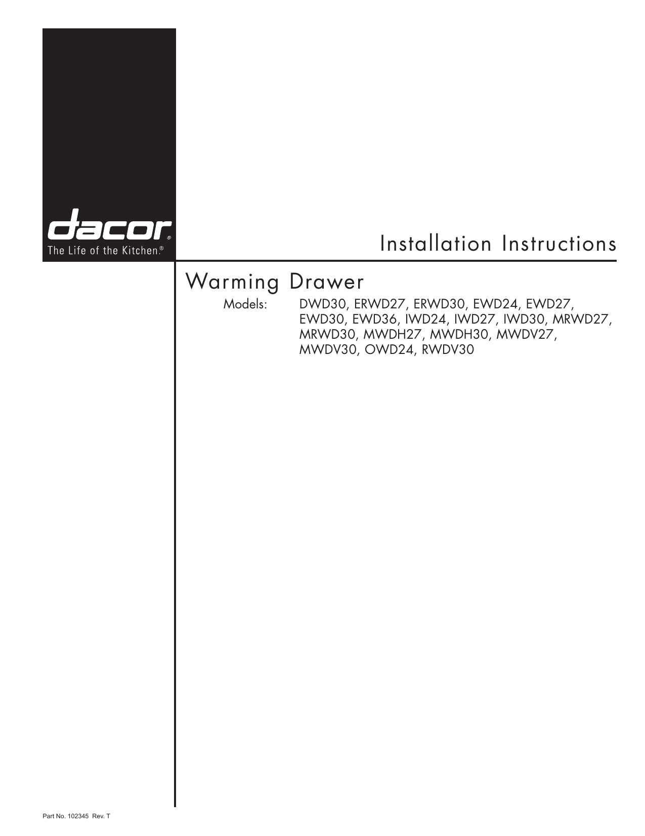 Dacor IWD24 Panel Ready Warming Drawer Installation Guide Manualzz