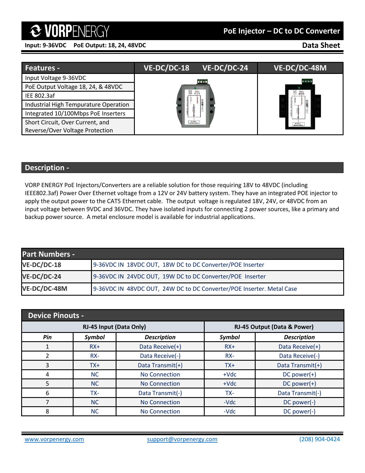 PoE Injector DC to DC Converter Data Sheet Features VE Manualzz