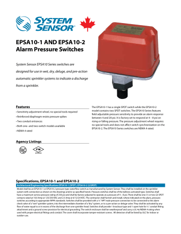 SYSTEM SENSOR WPS10-2 Alarm Pressure Switch 1/2IN 125/250V-AC 