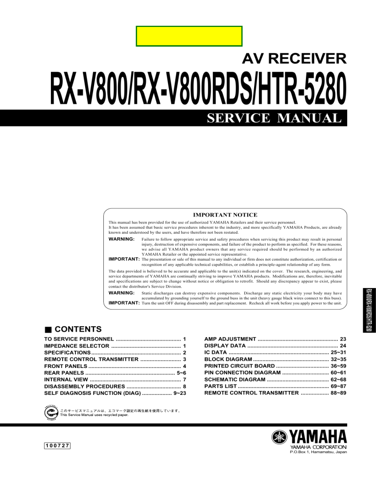 Service Manual Av Receiver Rx V800 Rx V800rds Htr 5280 Manualzz