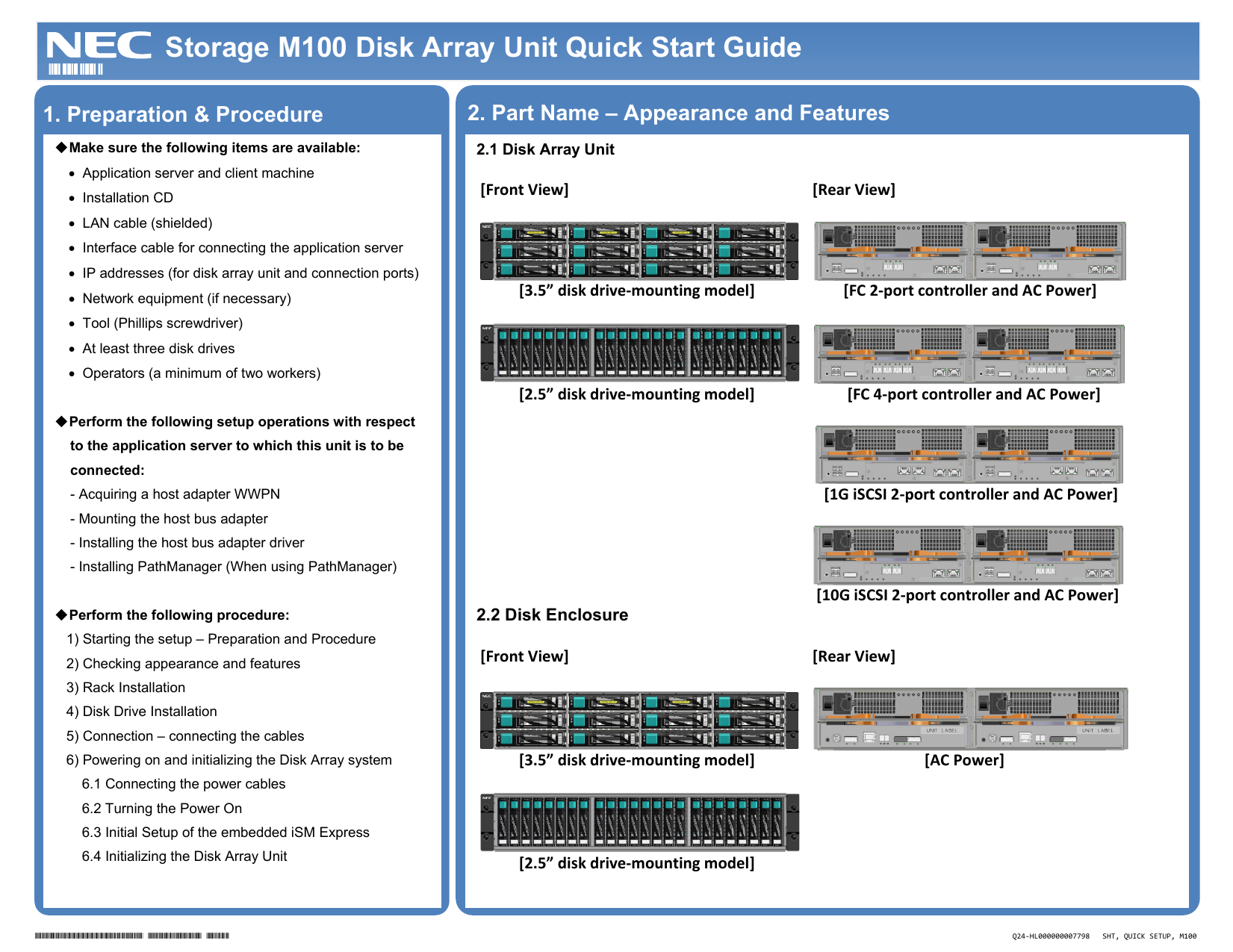 NEC Storage M100 Disk Array Unit Quick Start Guide | Manualzz