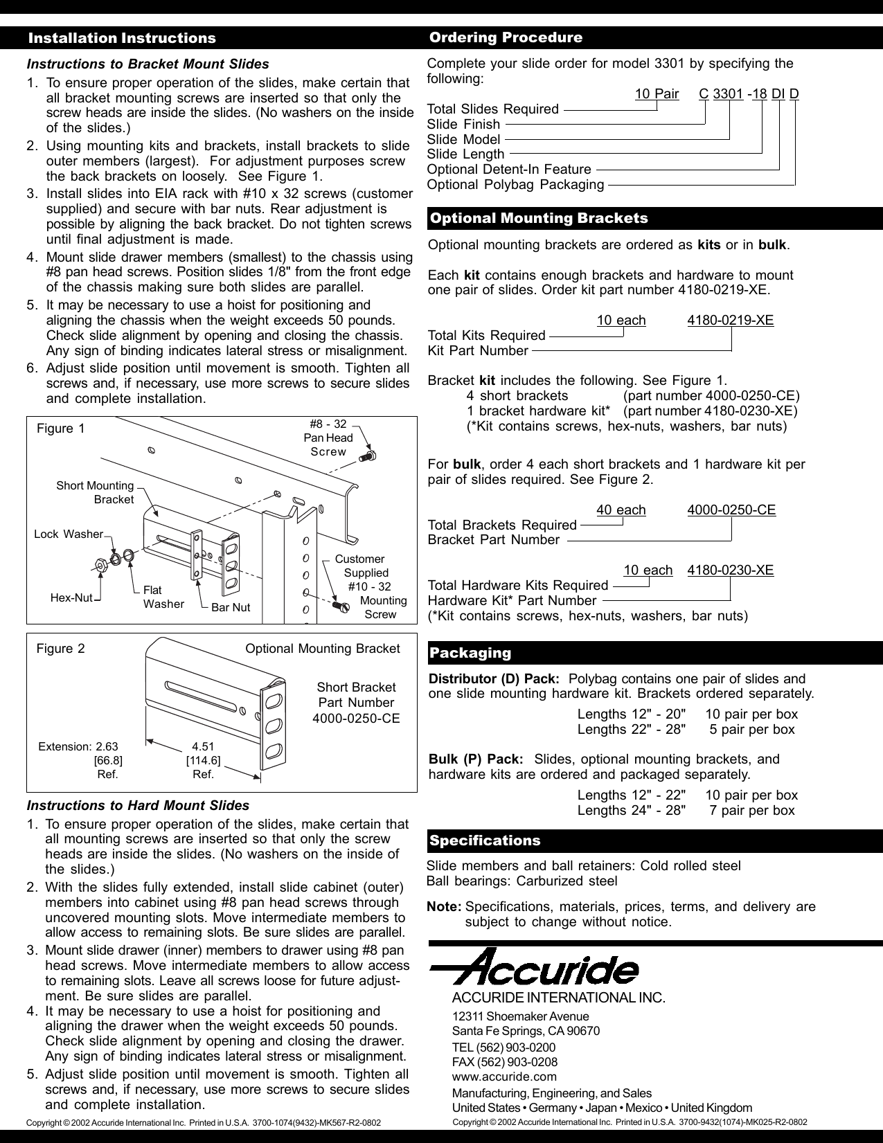 Accuride International Inc Installation Instructions Ordering