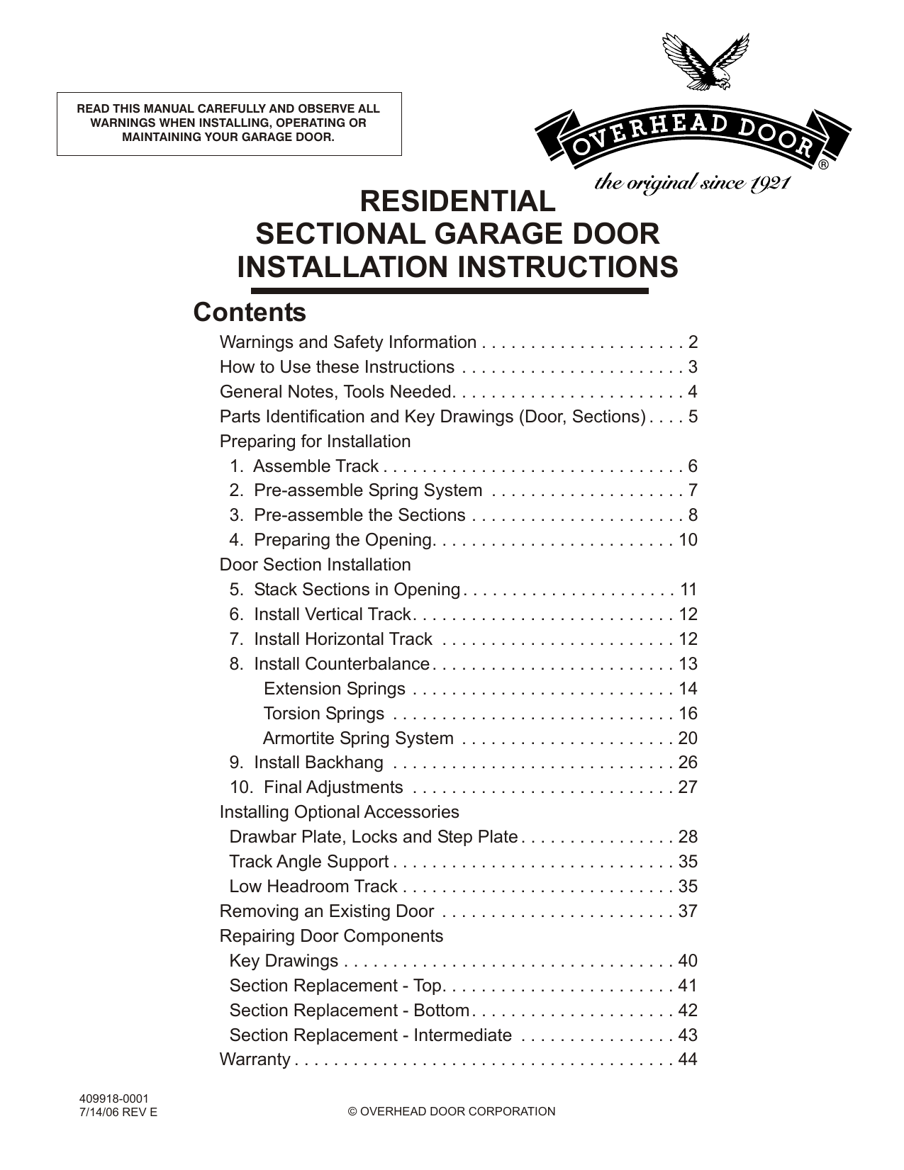 Residential Sectional Garage Door Installation Instructions
