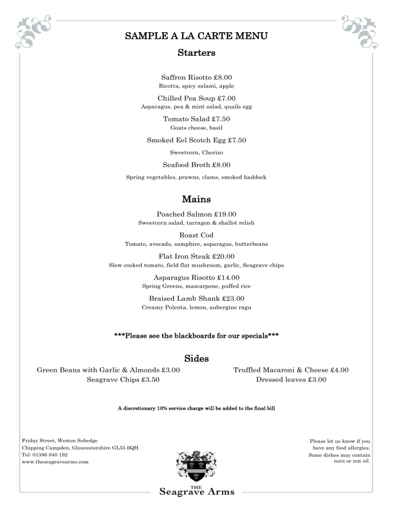 Sample A La Carte Menu Starters Mains Sides Manualzz