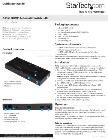 StarTech.com VS221HD4KA 2-Port HDMI Automatic Video Switch Quick Start Guide | Manualzz