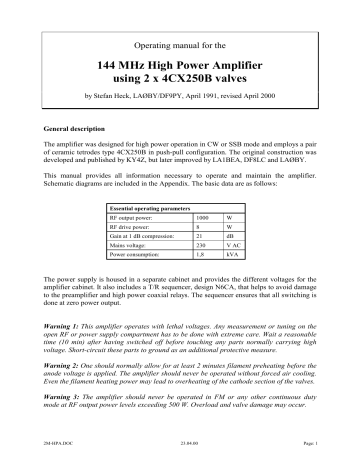 144 MHz High Power Amplifier using 2 x 4CX250B valves | Manualzz