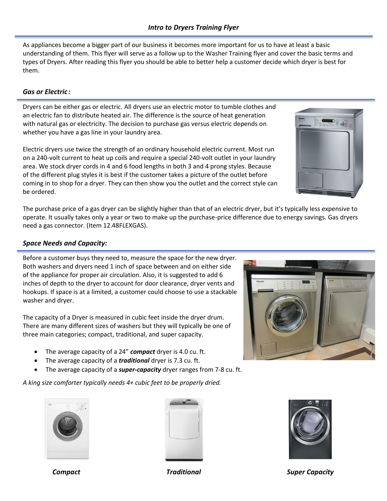 Intro To Dryers Training Flyer Gas Or Electric Space Needs And