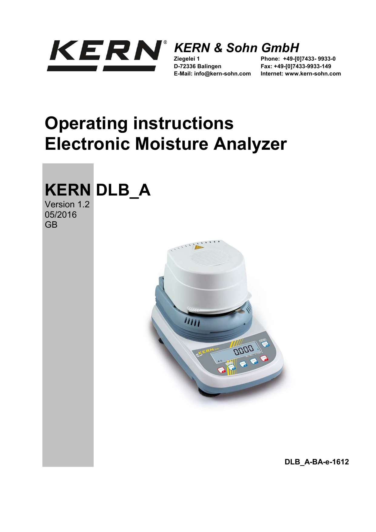 Operating instructions Electronic Moisture Analyzer KERN DLB_A Manualzz
