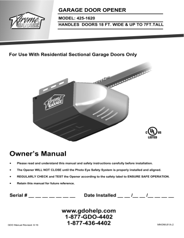Xtreme Garage 425 1620 Owner S Manual, Who Makes Xtreme Garage Door Openers