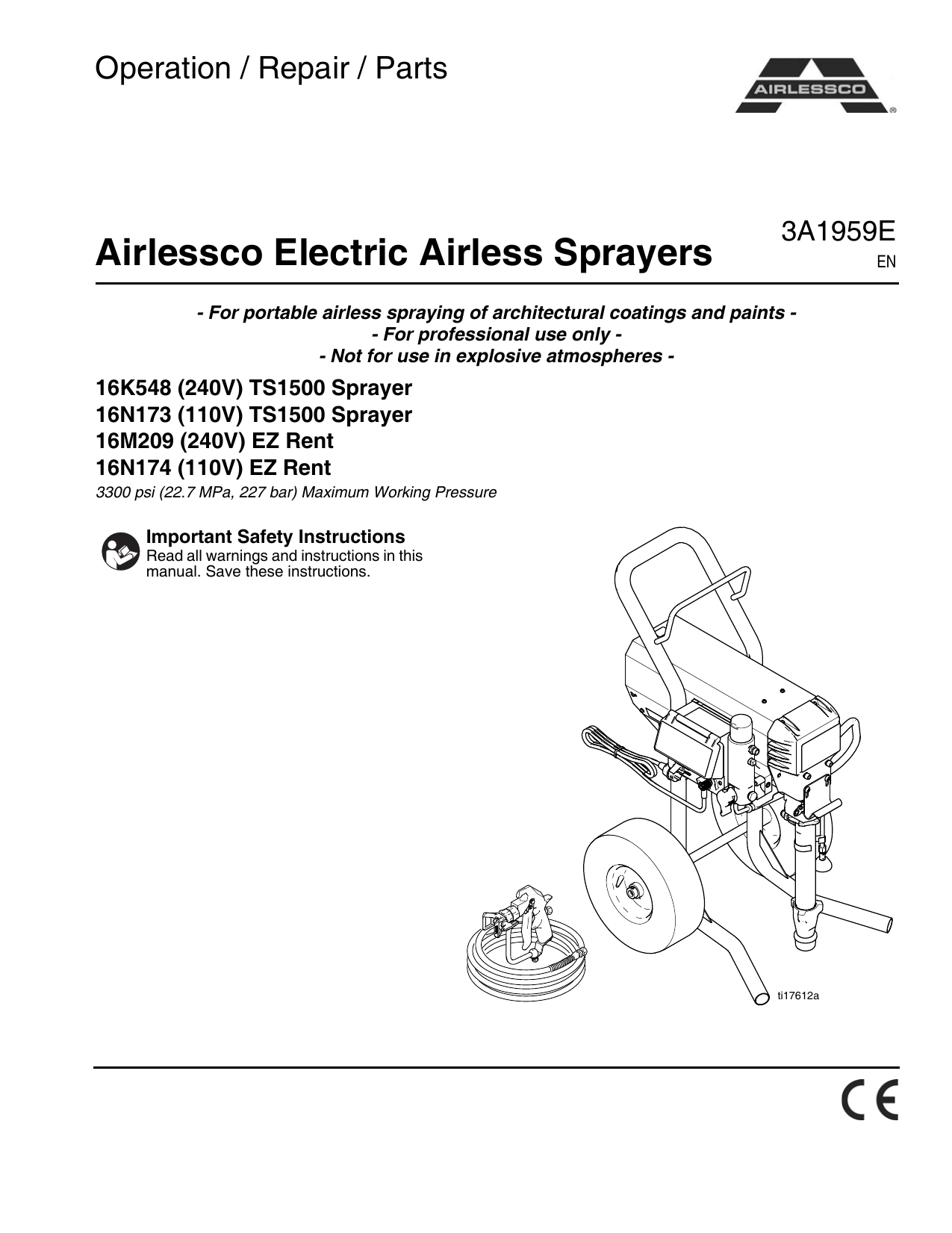 3A1959E, Airlessco Electric Airless Sprayers, Operation | Manualzz