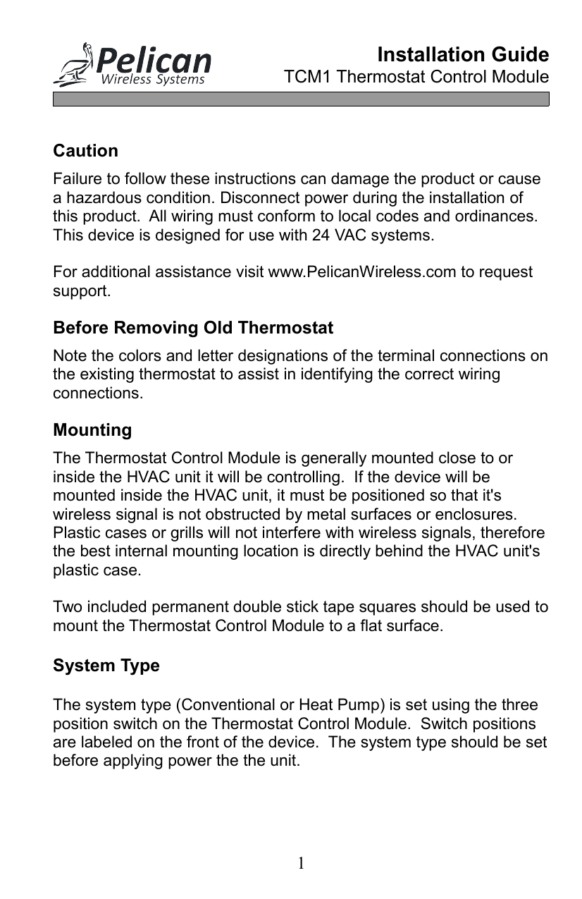 Pelican TCM1 Wireless 24VAC Controller Install guide