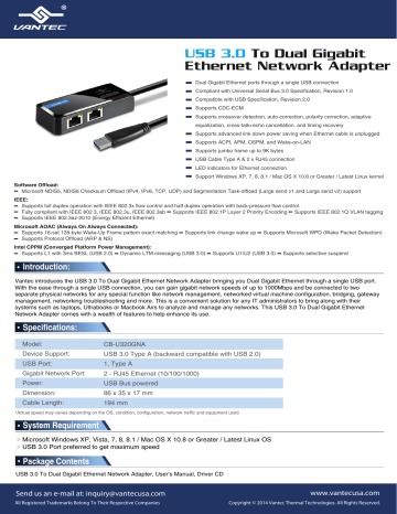 Vantec CB-U320GNA USB 3.0 To Dual Gigabit Ethernet Network Adapter Datasheet | Manualzz